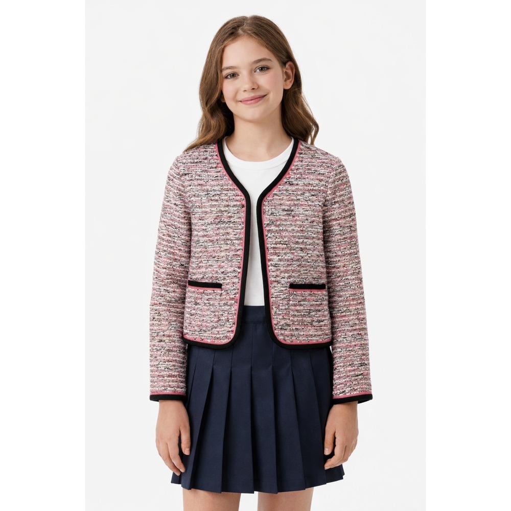 Kate Spade New York Tweed Jacket Pink Black Trim Scalloped Blazer Youth Size 14Y